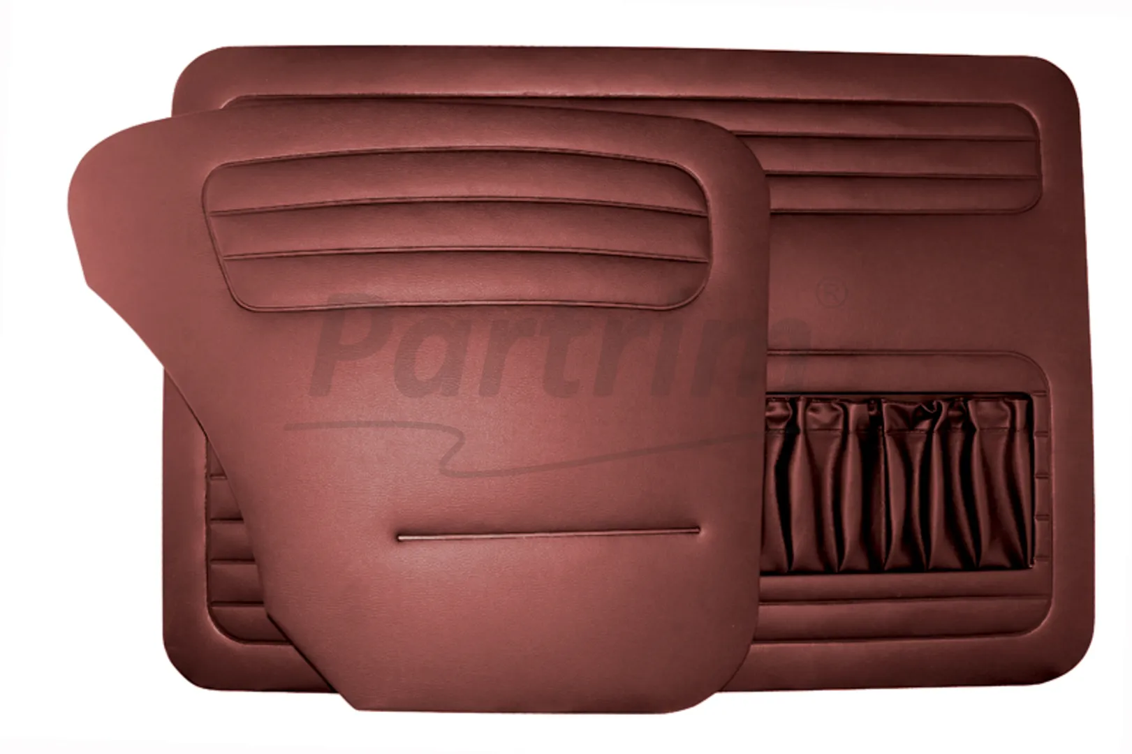 VW OLD BEETLE 1200 DOOR PANEL SET BURGUNDY   1956 - 1964 - PCS  (POCKET ON LEFT SIDE ONLY)