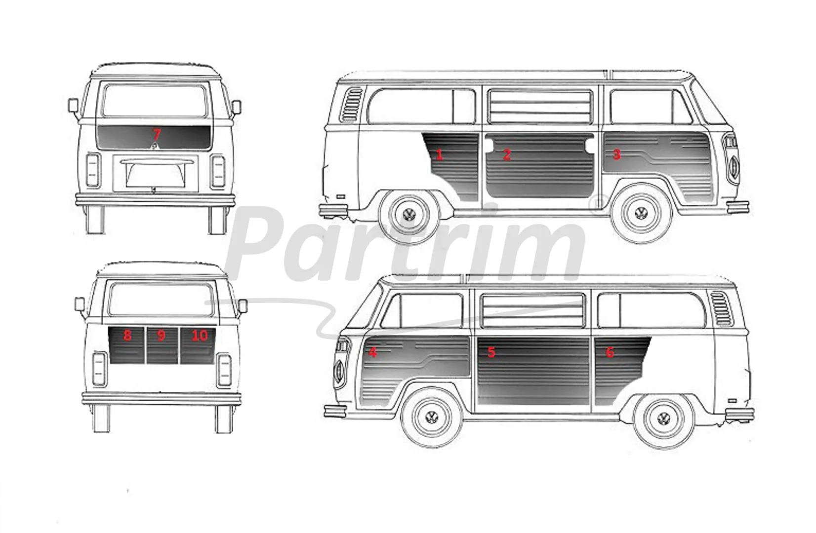 VW T2 BUS INTERIOR SIDE PANEL SET 10 PCS GREY  08-1970 - 1979  LATE STYLE